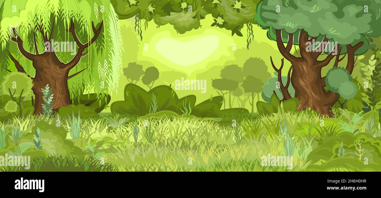 Glade soprangregata al bordo di una verde, foresta estiva leggera. Alberi in erba. Stile cartoon piatto. Paesaggio rurale con fitti spessi. Illustrazione Illustrazione Vettoriale