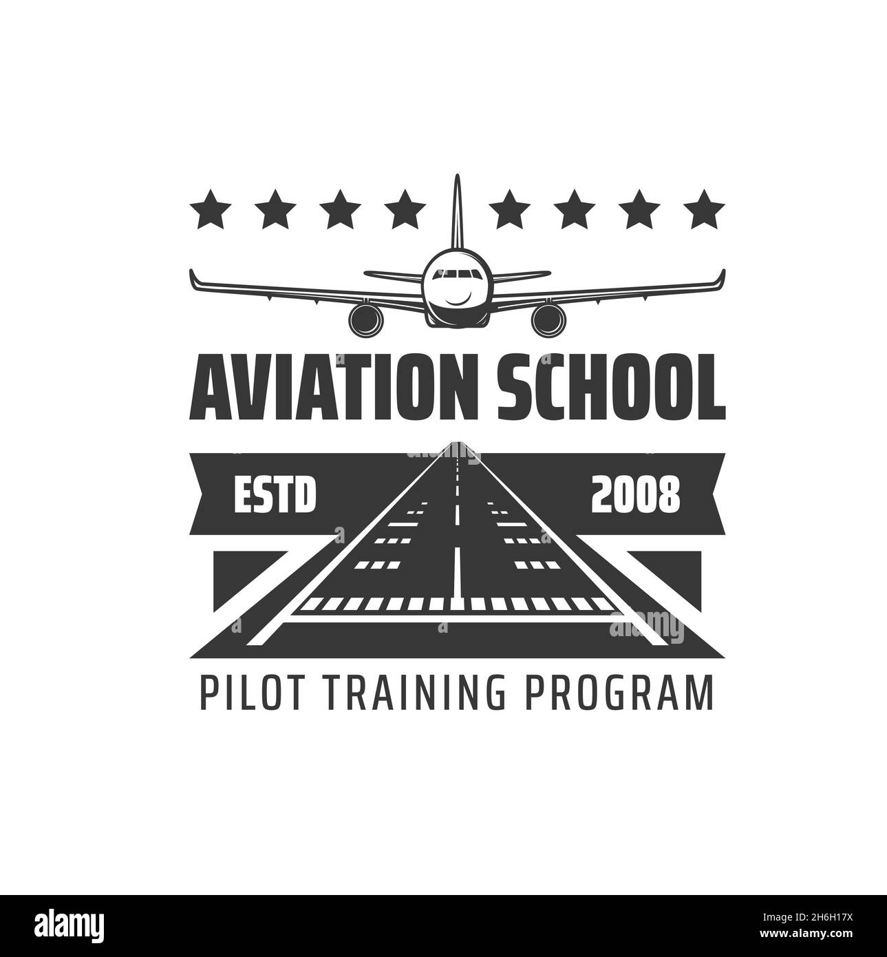 Icona del programma di formazione della scuola pilota. Accademia dell'aviazione civile, emblema vettoriale monocromatico della scuola di volo, icona retrò con velivolo passeggeri, aereo di linea landi Illustrazione Vettoriale