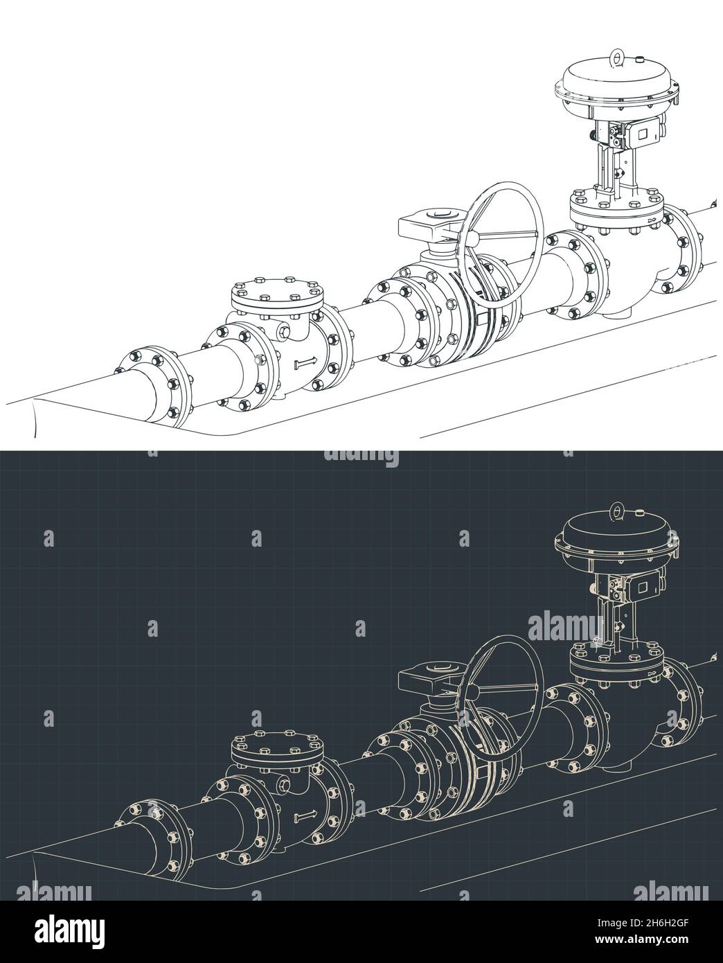 Illustrazione vettoriale stilizzata dei disegni isometrici della valvola di controllo con bypass Illustrazione Vettoriale