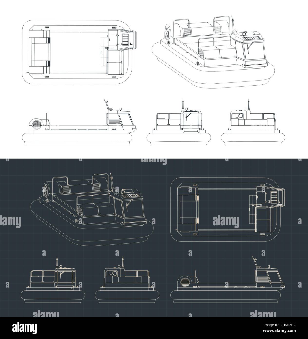 Illustrazione vettoriale stilizzata di progetti isometrici di hovercraft Illustrazione Vettoriale