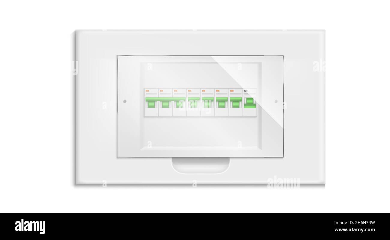 Scatola fusibili, quadro elettrico con commutatori on/off, interruttore automatico isolato su sfondo bianco. Apparecchiature per il controllo e la distribuzione della potenza, illustrazione vettoriale 3d realistica Illustrazione Vettoriale