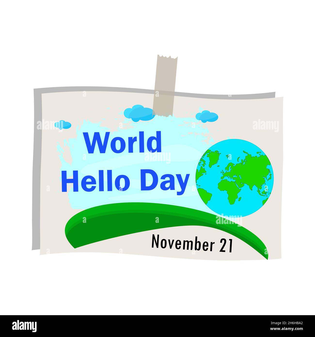 Poster giornata mondiale di hello isolato su sfondo bianco. Cartello con messaggio vacanza. Nota cartacea sull'adesivo con il testo Giornata Mondiale dell'ciao. Novembre 21.Vector Illustrazione Vettoriale