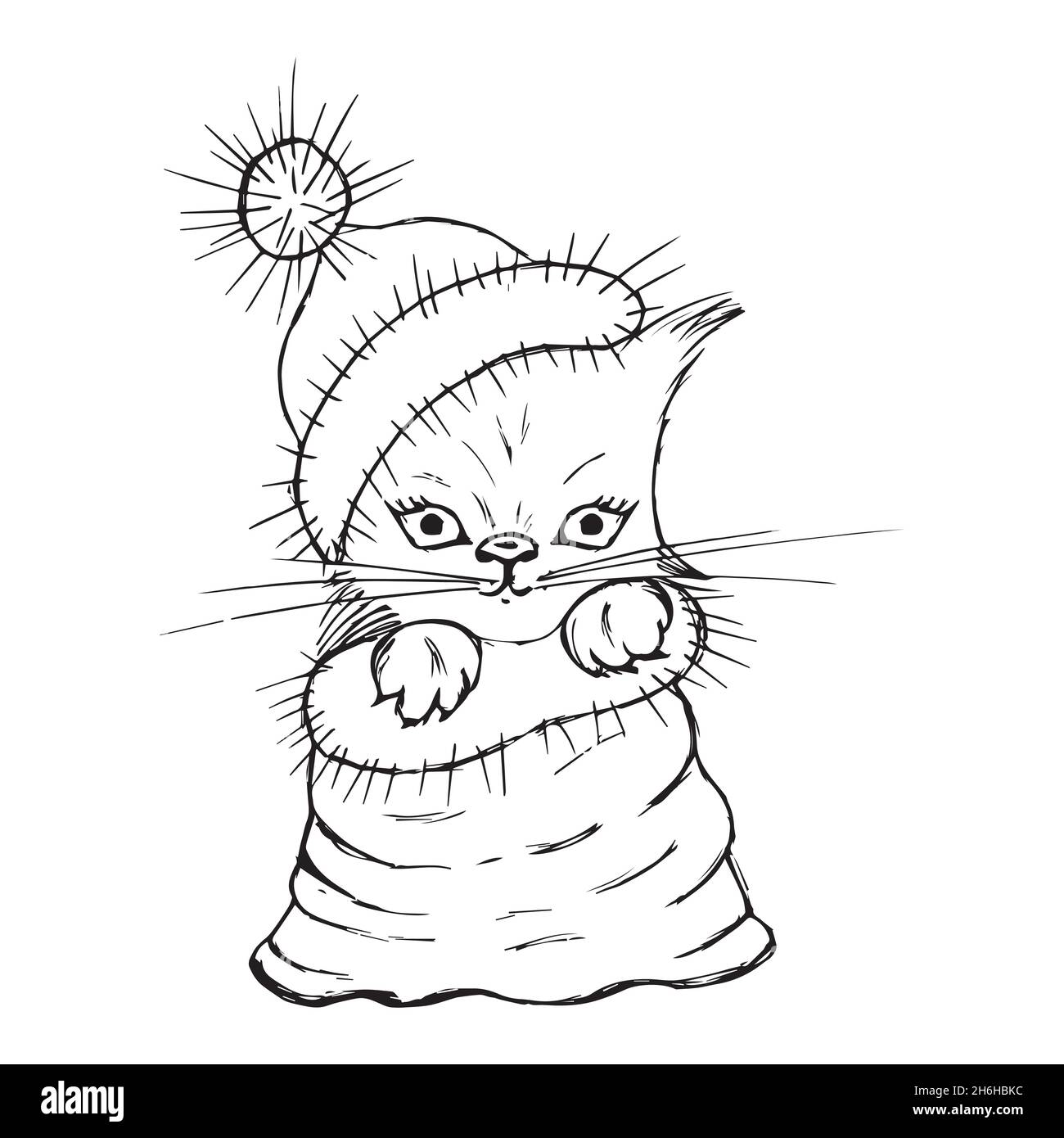 Un gattino di Capodanno in un cappello e in una borsa. Un gattino in una borsa. Sorpresa. Illustrazione vettoriale Illustrazione Vettoriale