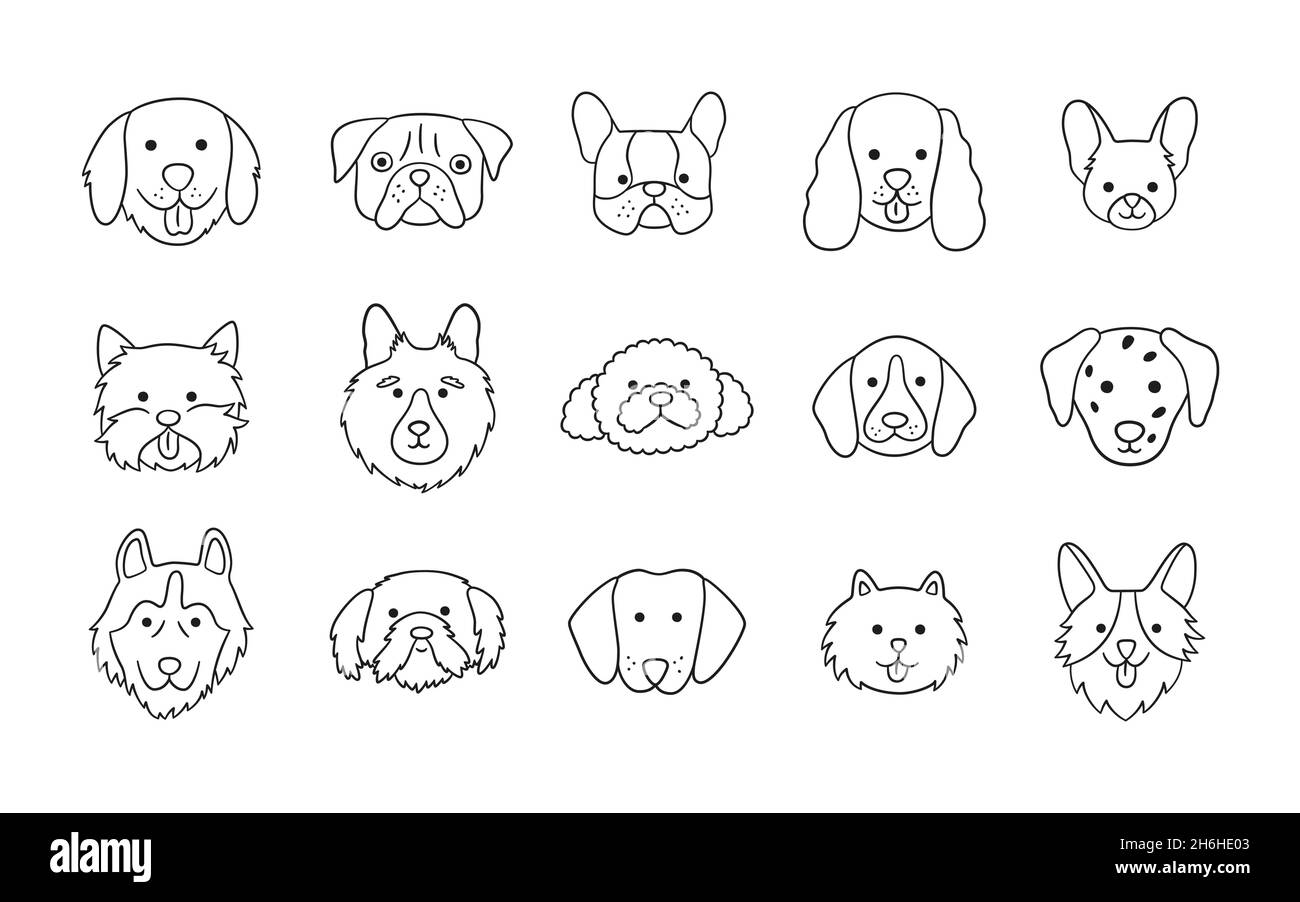 Facce di razze diverse cani set. Corgi, Beagle, Spitz Chihuahua, Terrier, Retriever, Spaniel, Poodle. Collezione di teste di cane di doodle. Disegnato a mano Illustrazione Vettoriale