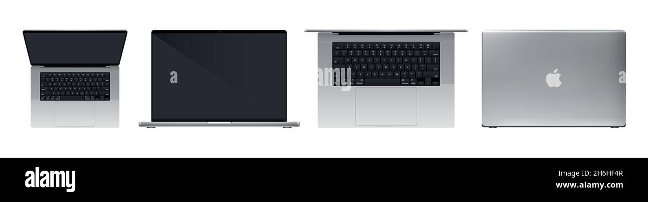 Ottobre 2021, lancio del nuovo MacBook Pro da parte della società Apple. Modello con vista aperta, frontale, posteriore e 3d. In formato vettoriale Illustrazione Vettoriale