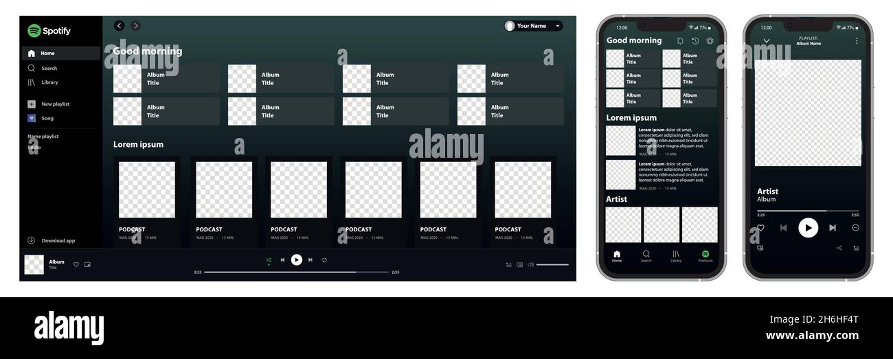 Servizio di streaming musicale Spotify, pagina Web e modello di pagina telefonica in formato vettoriale Illustrazione Vettoriale