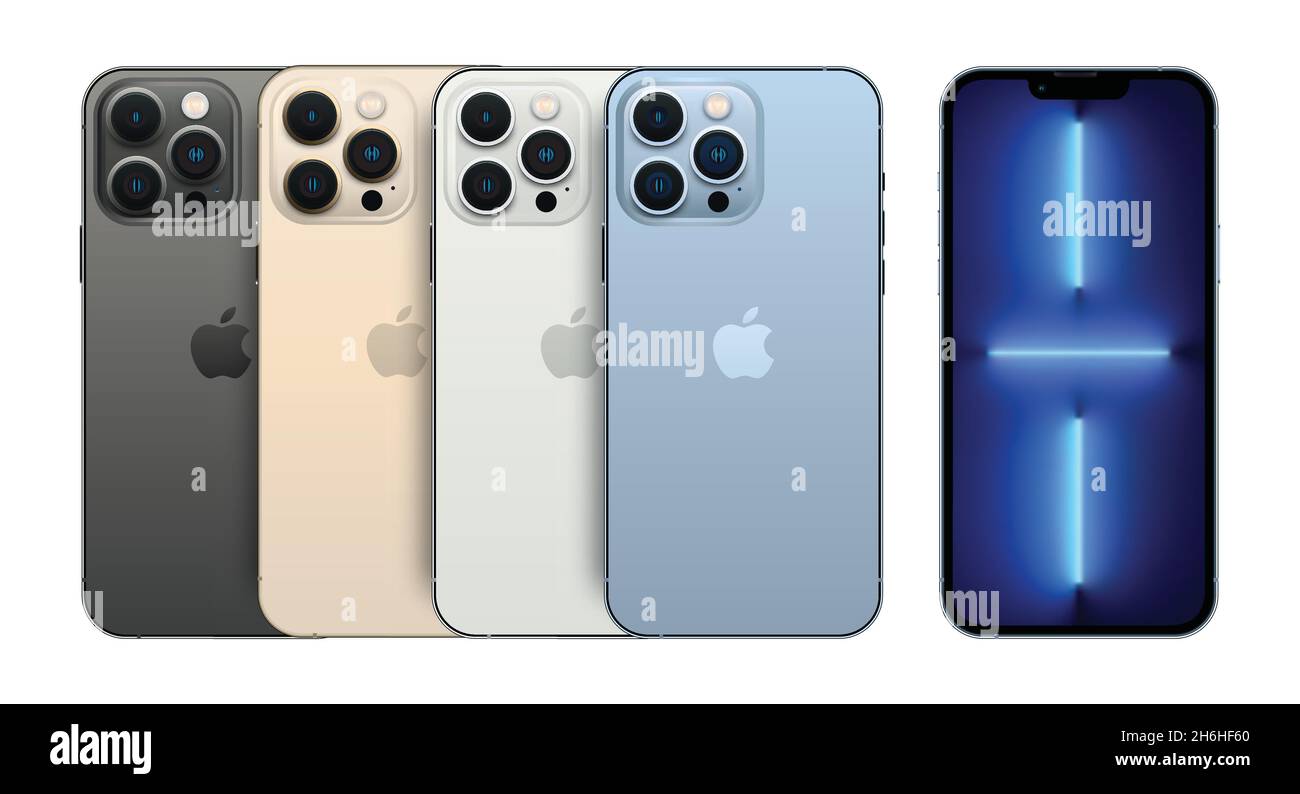 Realistico iPhone 13 Pro. Colori smartphone colore grafite, oro, argento, blu Sierra, in formato vettoriale Illustrazione Vettoriale