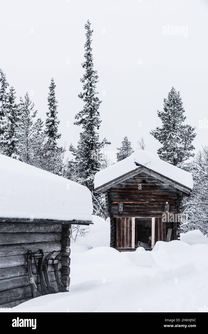La vecchia slitta scivola contro il muro di legno Foto Stock