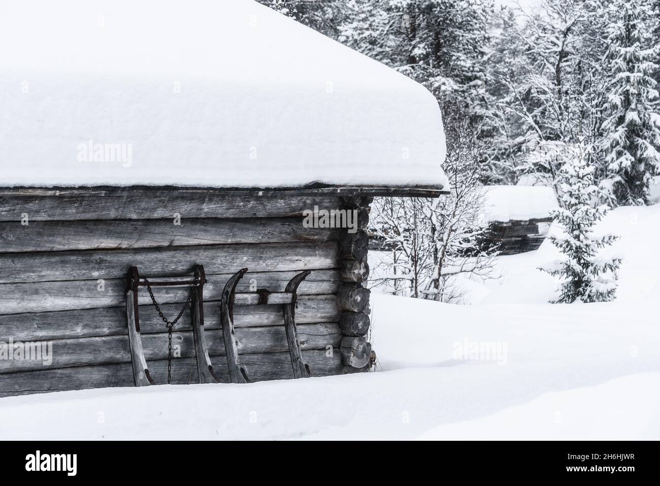 La vecchia slitta scivola contro il muro di legno Foto Stock