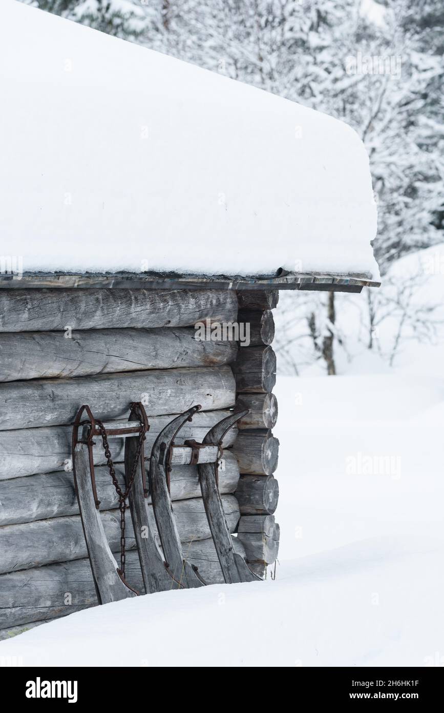 La vecchia slitta scivola contro il muro di legno Foto Stock