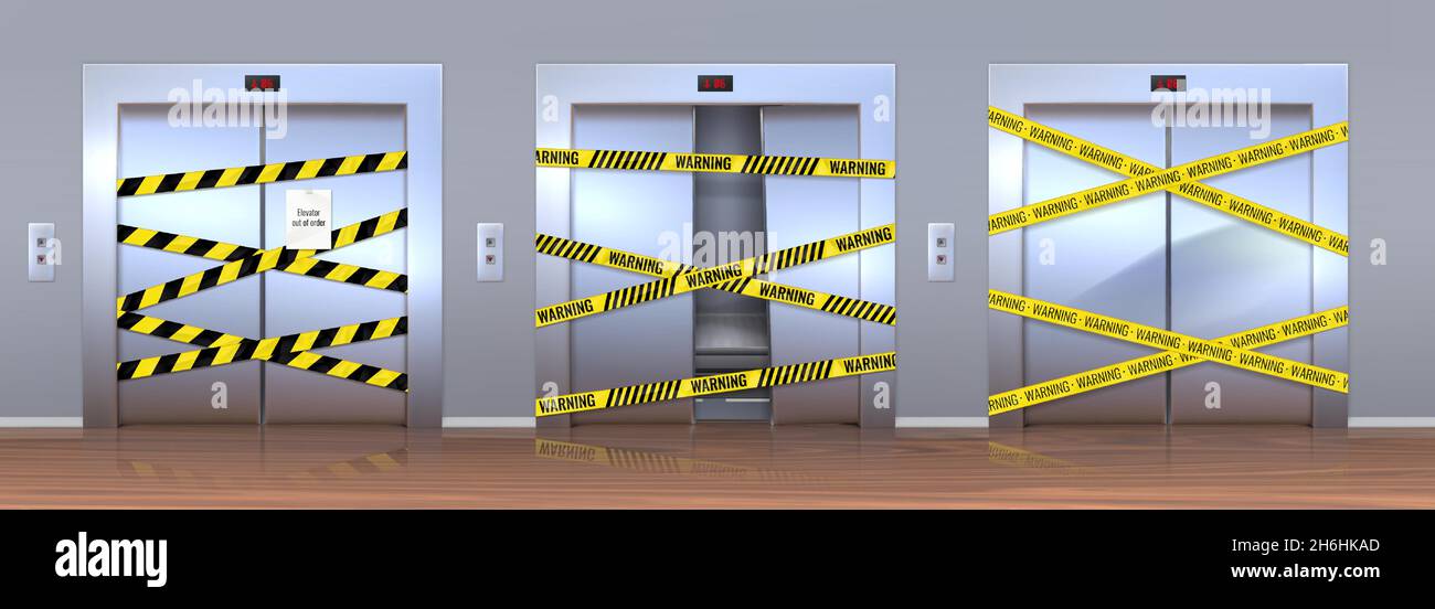 Ascensori 3D danneggiati realistici in riparazione con nastro giallo di avvertimento. Porta sollevatore in metallo con ammaccatura. Chiuso ascensore danneggiato con vettore di attenzione impostato Illustrazione Vettoriale