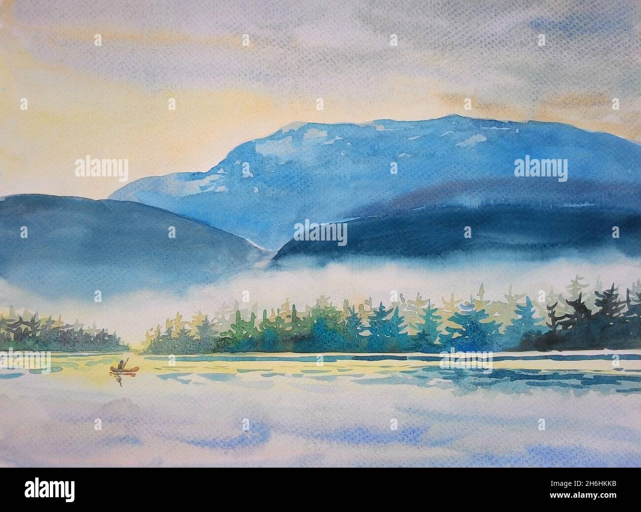 Acquerello pittura originale su carta paesaggio colorato di nautica mattina in montagna e l'emozione in cielo nebbia nube sfondo Foto Stock
