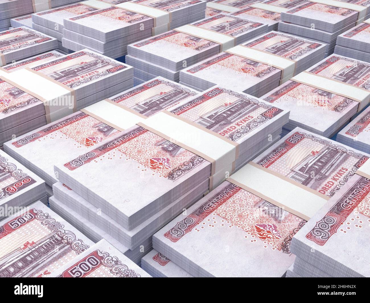 Denaro di Myanmar. Kyat fatture. Banconote MM3. 500 birmano. Affari, finanza, notizie di background. illustrazione 3d. Foto Stock
