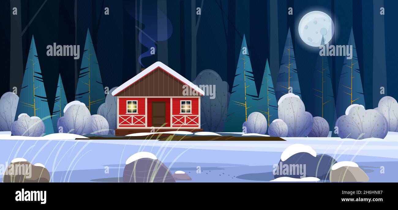 Casa rossa nella foresta d'inverno di notte Illustrazione Vettoriale