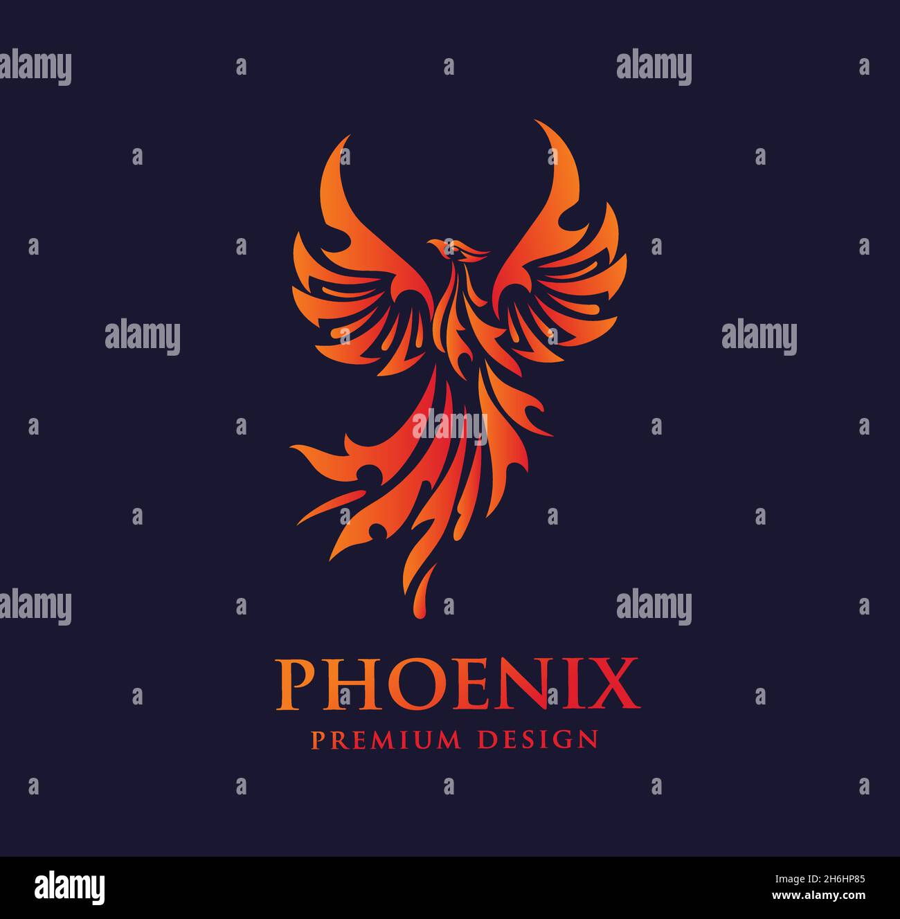 Phoenix logo- logo creativo di uccello mitologico Fenix, un uccello unico - una fiamma nata dalle ceneri. Silhouette di un uccello da fuoco. Modello di logo in forma di f Illustrazione Vettoriale