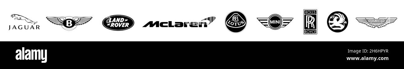 Kiev, Ucraina - 15 novembre 2020: Collezione di logo auto inglesi stampati su white paper: mclaren, mini, Rolls roys, bentley, aston martin Foto Stock