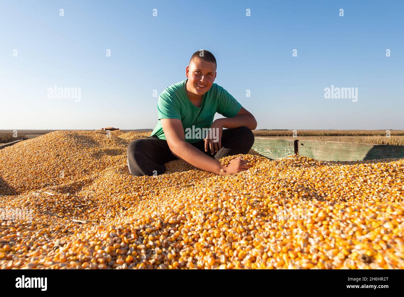 Ritratto contadino maschio con mais, uomo sorridente raccolta Foto Stock