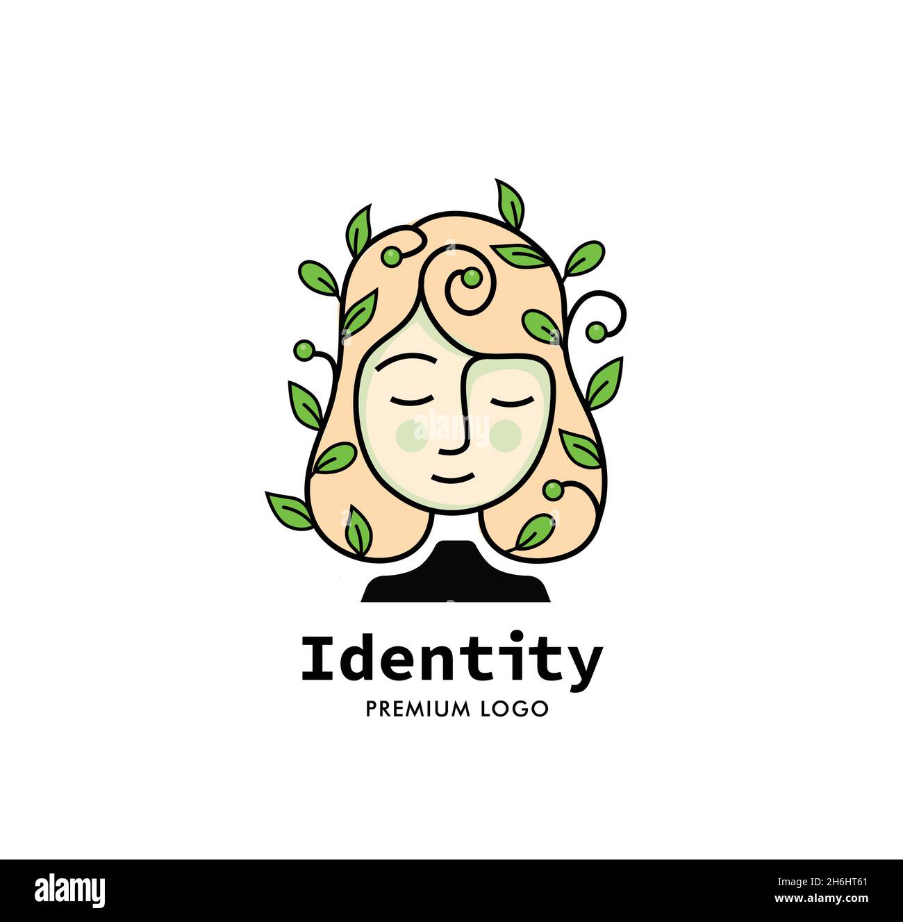 Logo di bellezza vettoriale, Donna con fiori e foglie in capelli. Elementi di design per il salone di bellezza massaggio spa trattamenti cosmetici naturali. Illustrazione Vettoriale