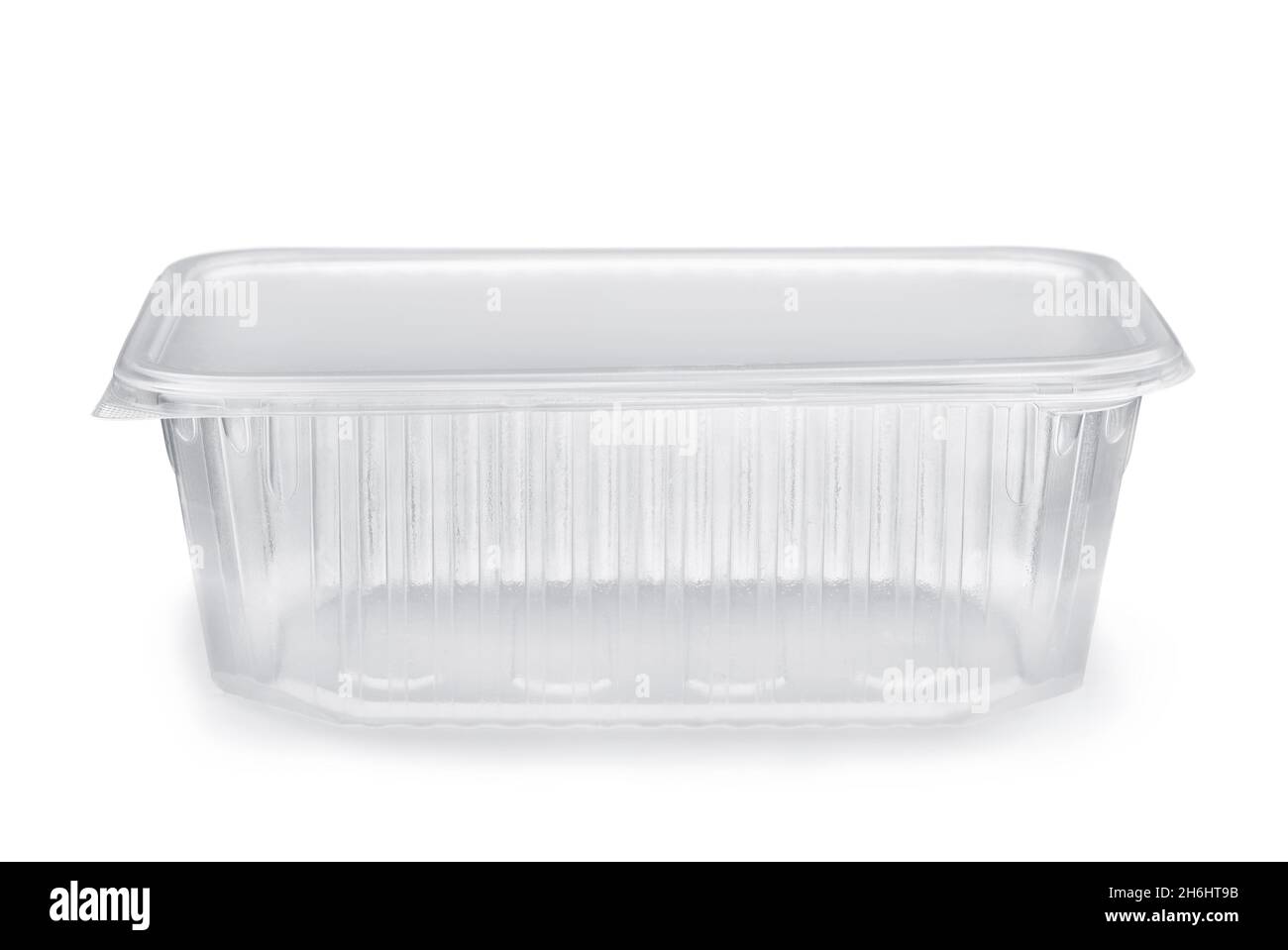 Vista frontale del contenitore di plastica monouso vuoto isolato su bianco Foto Stock