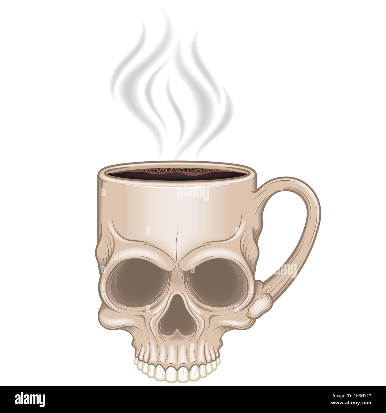 Illustrazione della tazza a forma di cranio con caffè caldo, bevanda calda in un cranio umano Illustrazione Vettoriale