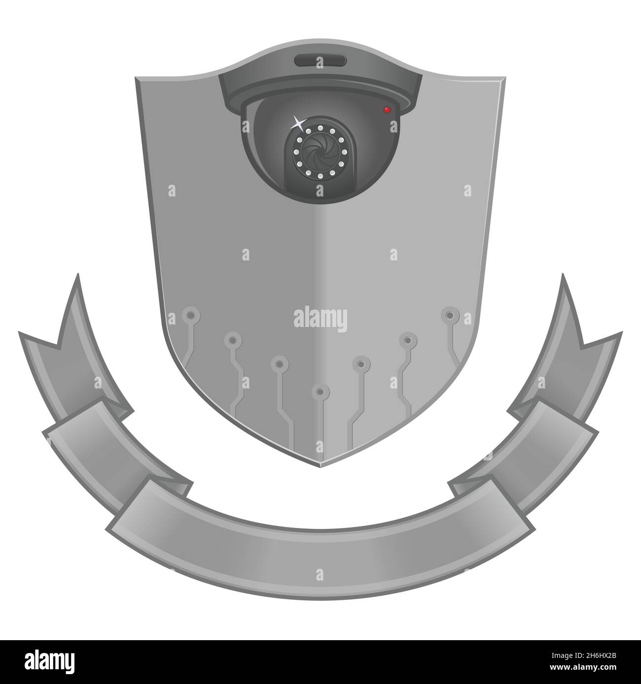 Logo con schermo e fotocamera per la sicurezza visiva, telecamera di sicurezza all'interno di uno scudo Illustrazione Vettoriale