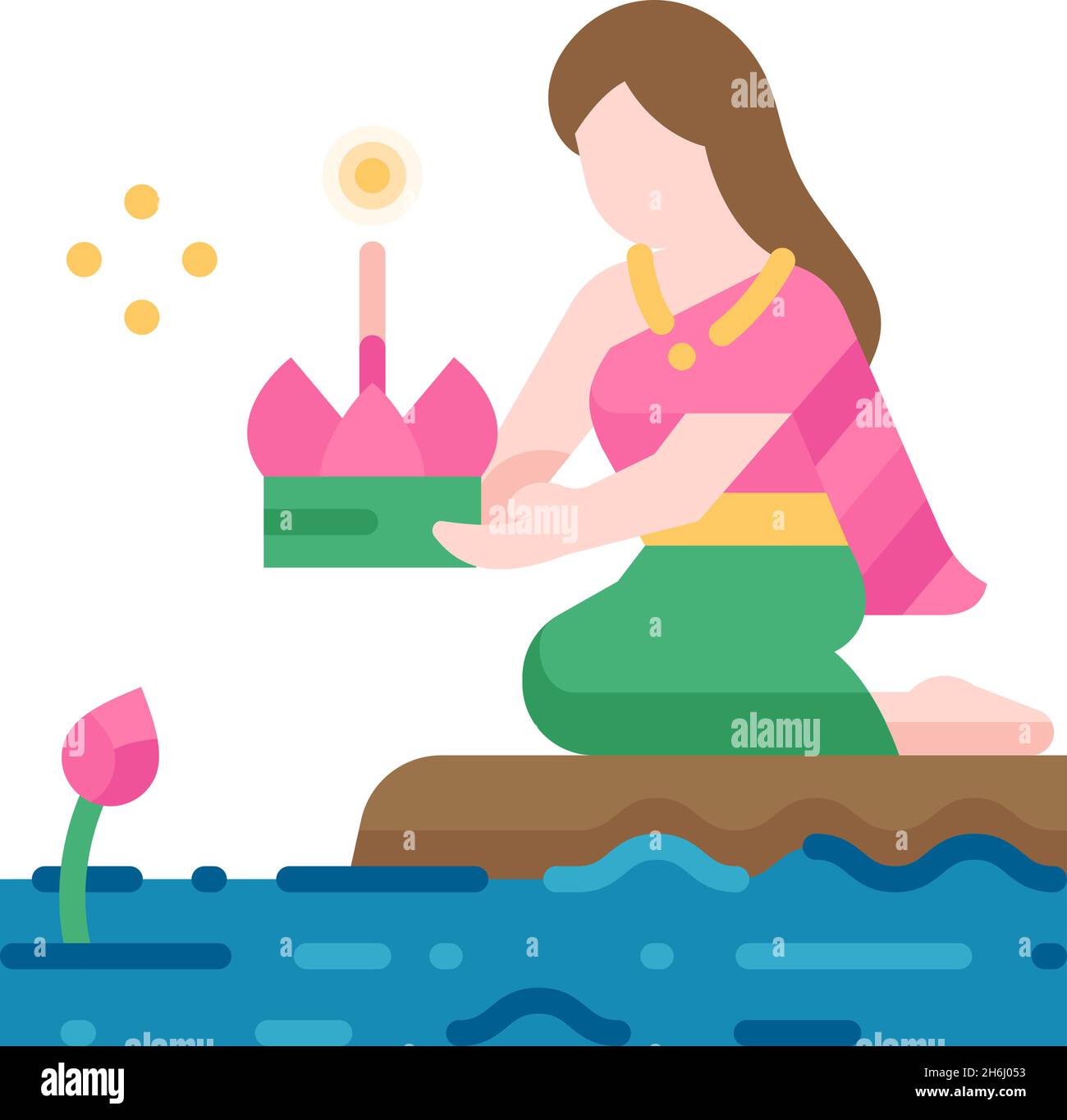 Loi Krathong festival icona piatta vettore illustrazione. Donna tailandese con abbigliamento tradizionale galleggiante Krathong. Il Loi Krathong è un arredamento galleggiante in Thailandia Illustrazione Vettoriale