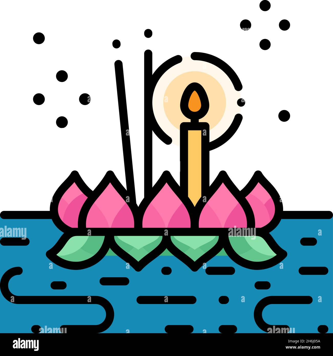 Loi Krathong festival colorato linea icona vettore illustrazione.Loi Krathong è un Thailandia galleggiante decorato basket annuale festival per rispettare il fiume spir Illustrazione Vettoriale