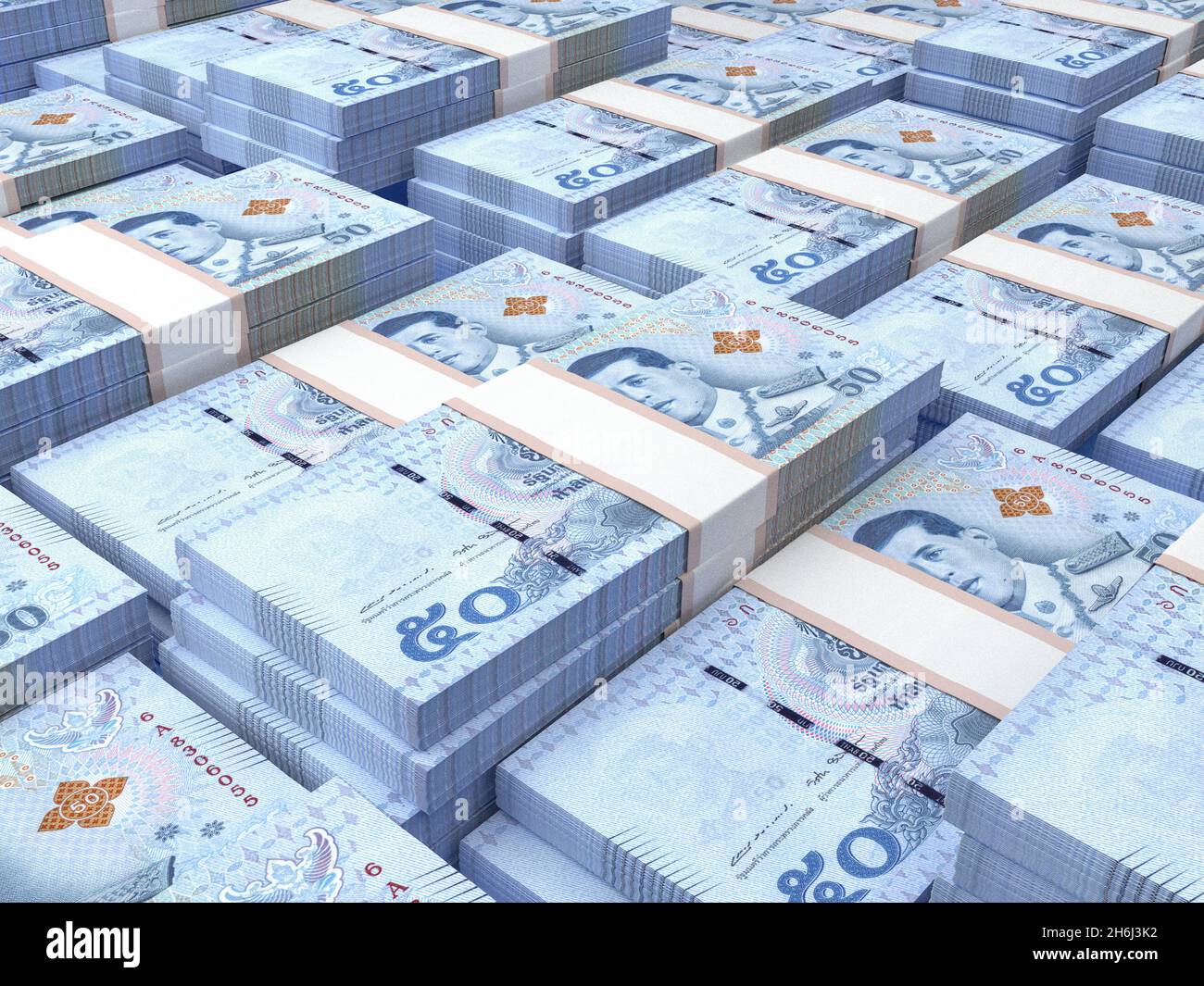 Denaro della Thailandia. Baht thailandese fatture. Banconote THB. 50 bahts. Affari, finanza, notizie di background. illustrazione 3d. Foto Stock