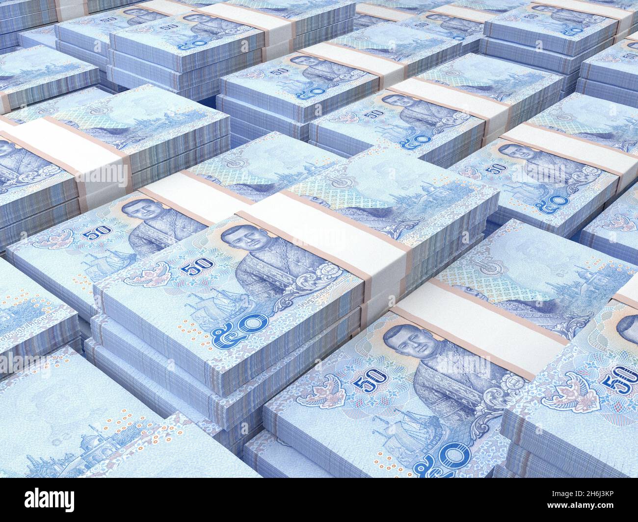 Denaro della Thailandia. Baht thailandese fatture. Banconote THB. 50 bahts. Affari, finanza, notizie di background. illustrazione 3d. Foto Stock