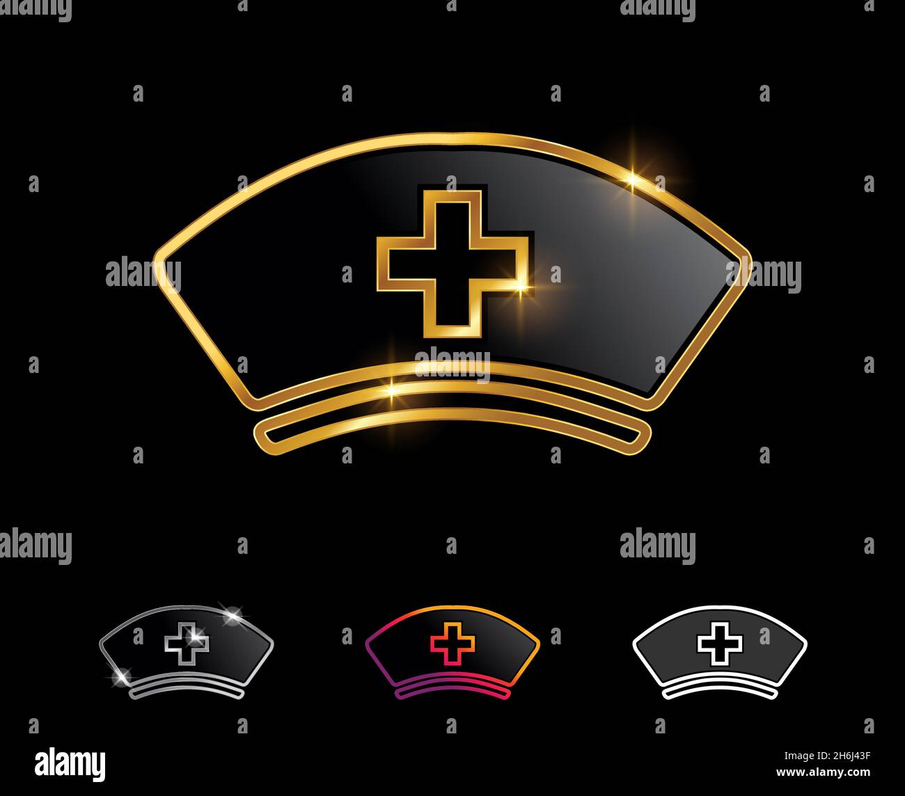 Un set di illustrazioni vettoriali di cappello Golden Cross Nurse Vector Sign in sfondo nero con effetto segno d'oro per il lusso e il logo e segno reale cappello infermiera Illustrazione Vettoriale