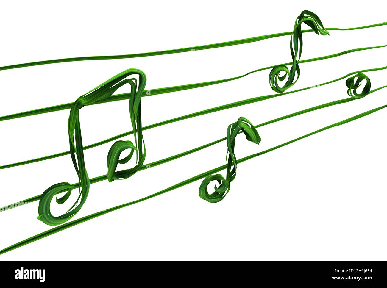Piante vitigni verde crescente musica torcente note linee forma, illustrazione 3d, orizzontale, isolato, su bianco Foto Stock