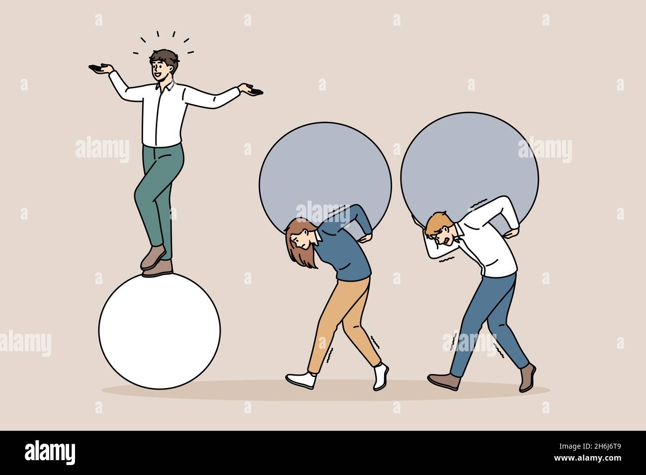 Facile business e concetto di stanchezza. Giovane sorridente felice uomo d'affari sicuro in piedi sulla palla mentre i suoi colleghi che trasportano palle pesanti sulle spalle illustrazione vettoriale Illustrazione Vettoriale