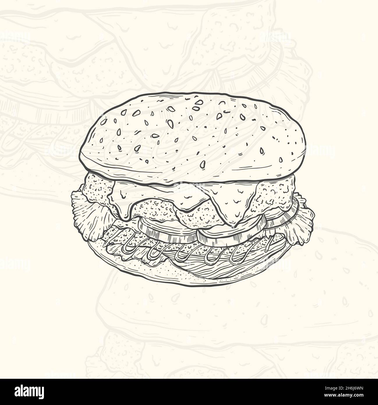 Illustrazione Burger sketch food.menu disegno elemento a mano. Oggetto isolato su sfondo bianco Illustrazione Vettoriale