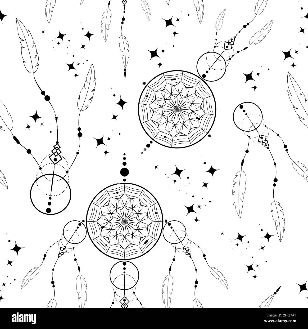 Dreamcatcher dodle motivo senza cuciture, ornamento mandala e stelle magiche. Simbolo mistico, arte etnica con disegno di stile boho indiano nativo americano Illustrazione Vettoriale