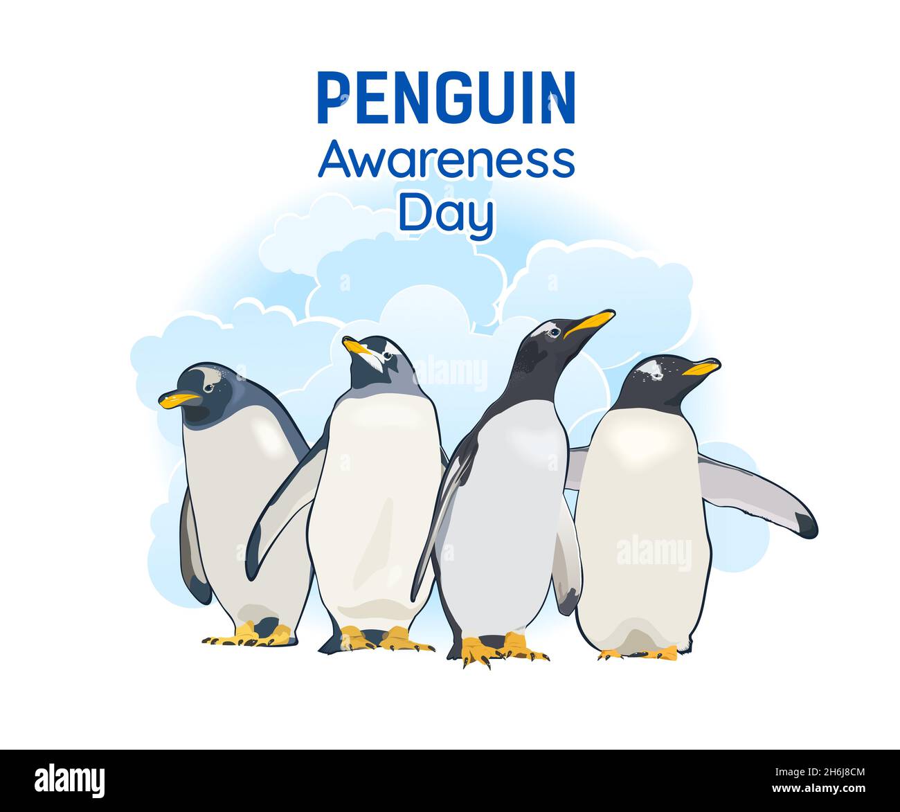 Pinguini su sfondo di nuvole blu Illustrazione Vettoriale