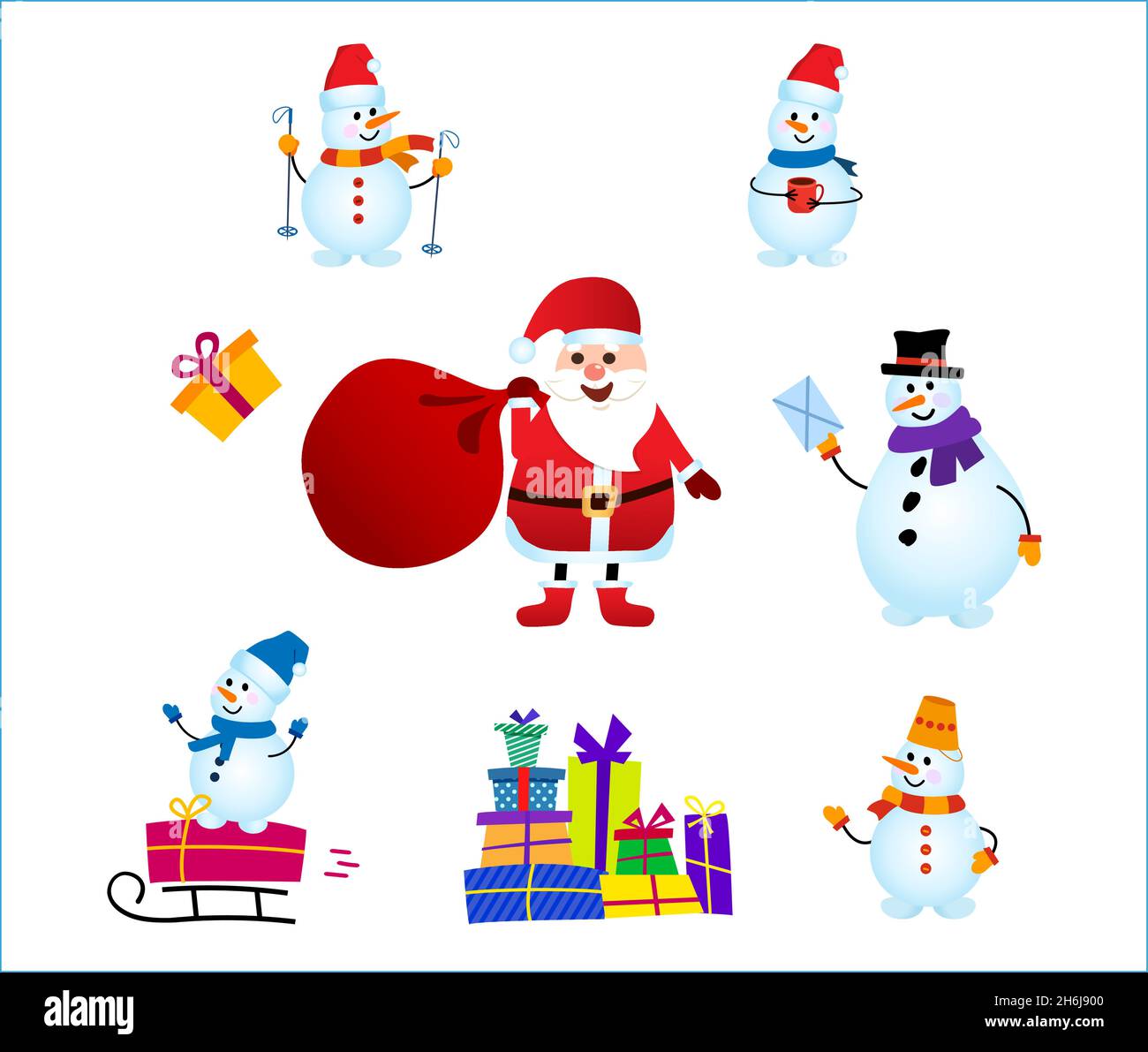 collezione di snowman indossare un tema invernale e babbo natale con una borsa di regali. Risorsa grafica Illustrazione Vettoriale