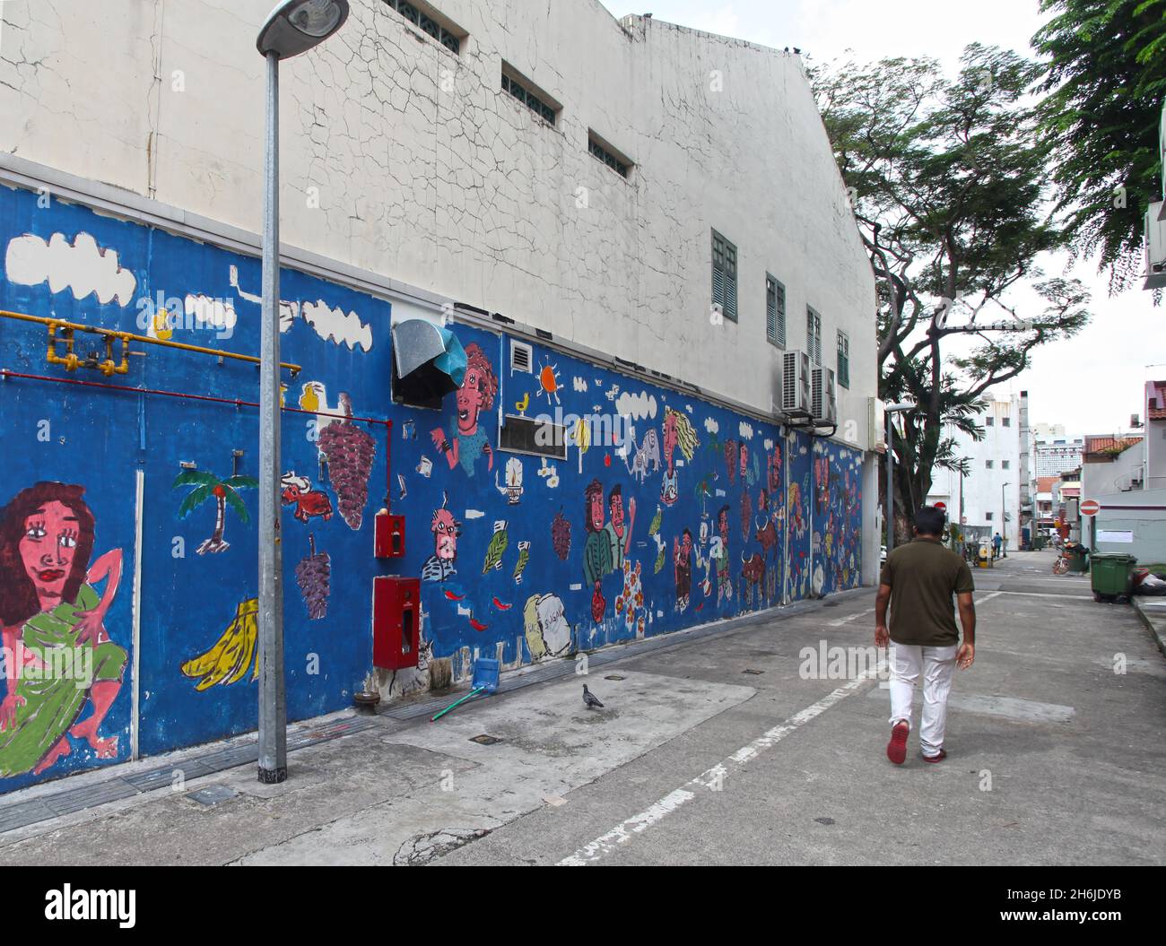 Graffiti o pittura di parete nell'area centrale in un piccolo vicolo posteriore fra Hindoo Road e Baboo Lane fuori Serangoon Road in Little India, Singapore. Foto Stock