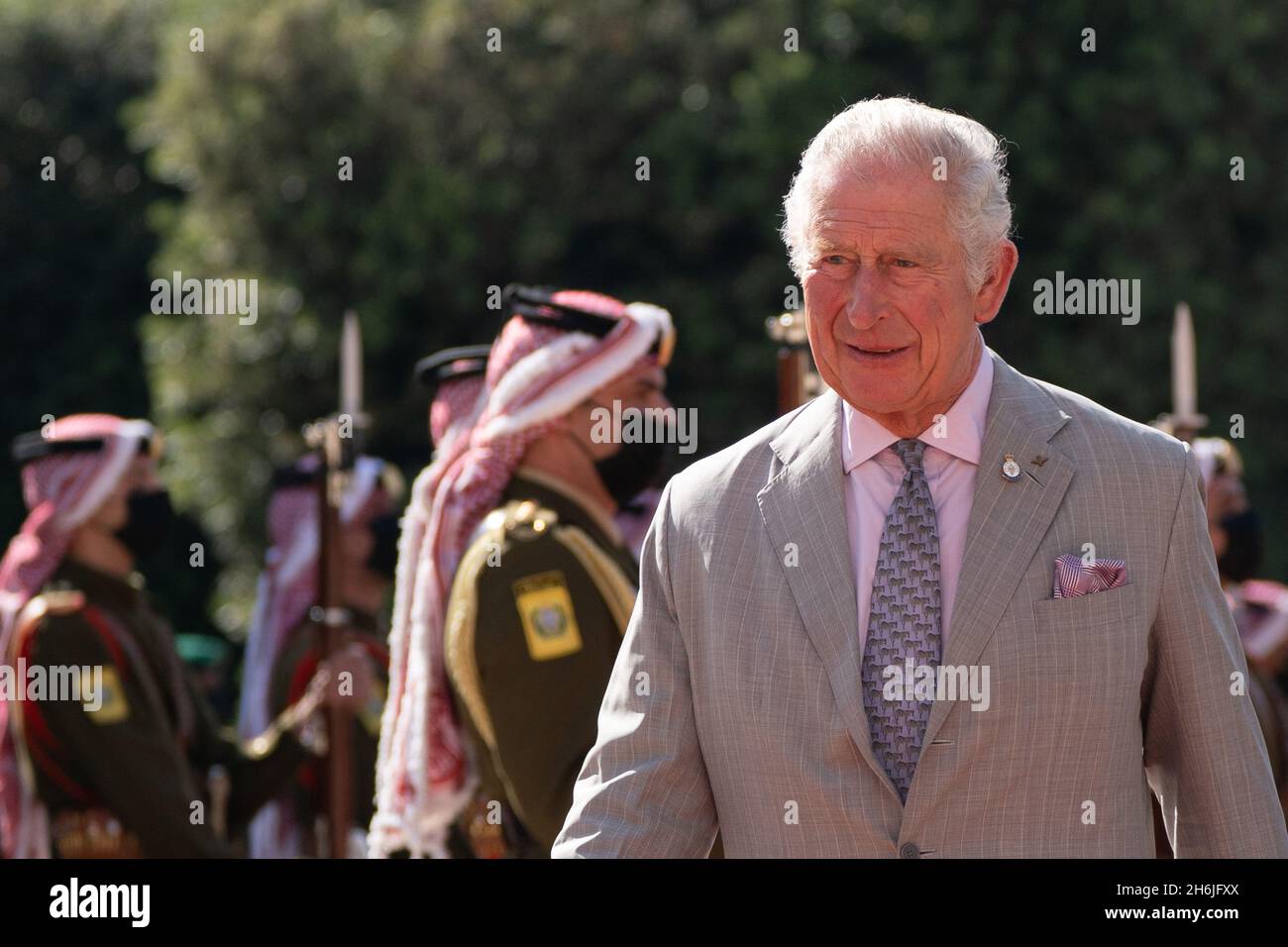 Il Principe di Galles al Palazzo al Husseiniya ad Amman, Giordania, il  primo giorno del tour del Medio Oriente. Data foto: Martedì 16 novembre  2021 Foto stock - Alamy