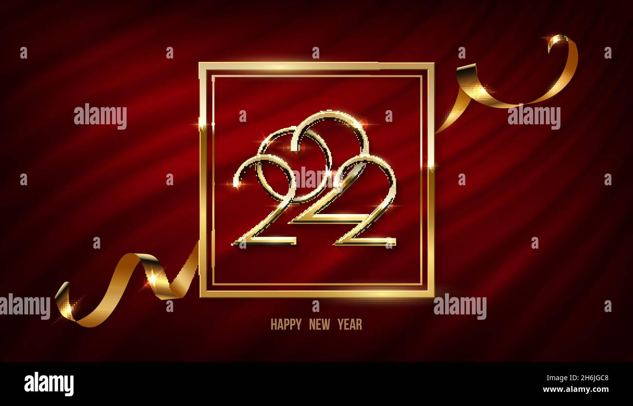 2022 Happy New Year banner modello di immagine vettoriale. Golden 2022 numero in oro cornice quadrata con glitter e nastro su drappeggio di cu rosso Illustrazione Vettoriale