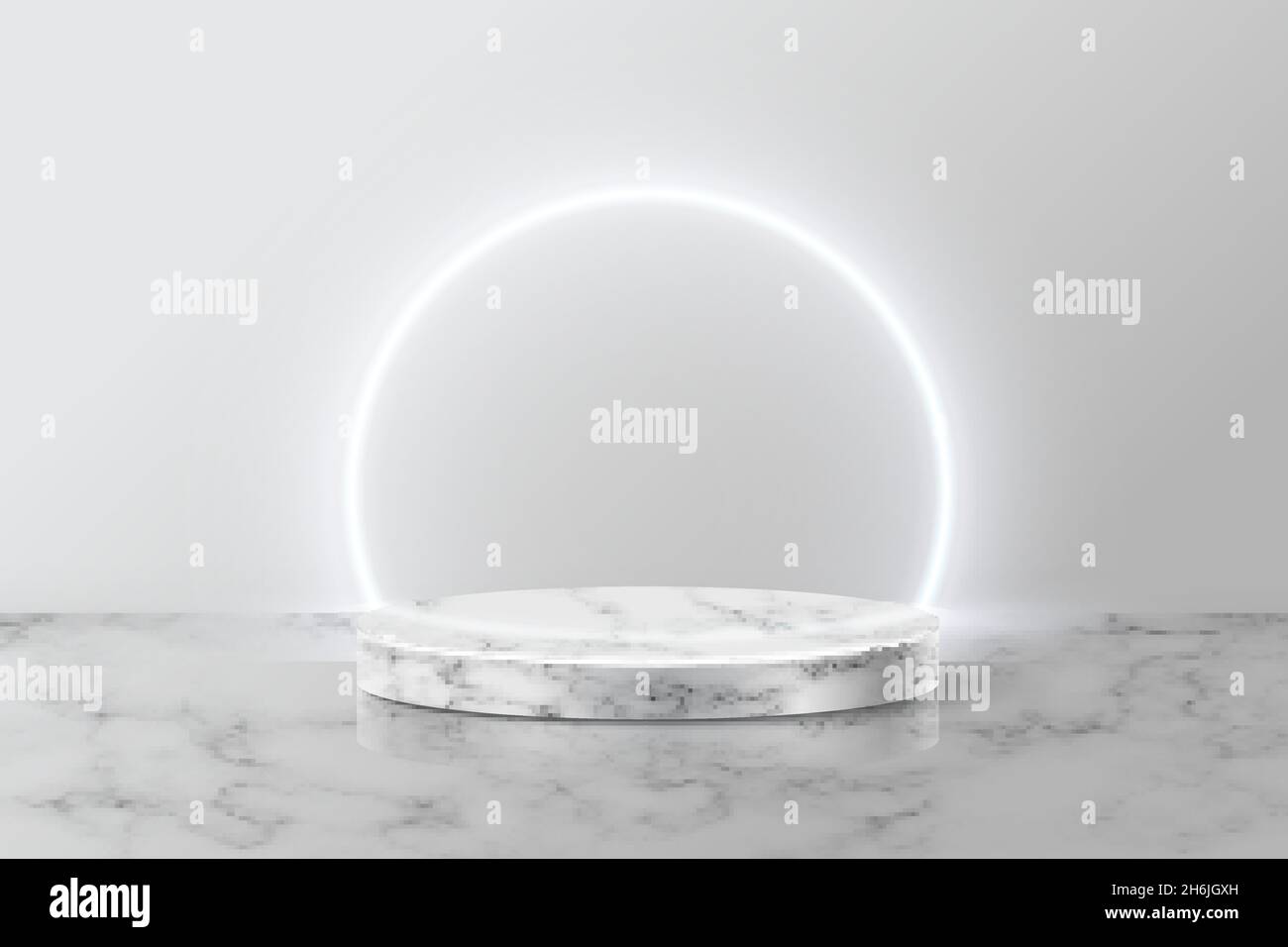 Anello al neon bianco su podio rotondo in marmo grigio per prodotto. piedistallo 3d nell'illustrazione vettoriale del modello di pietra. Palco geometrico a pavimento in camera. Astratto Illustrazione Vettoriale