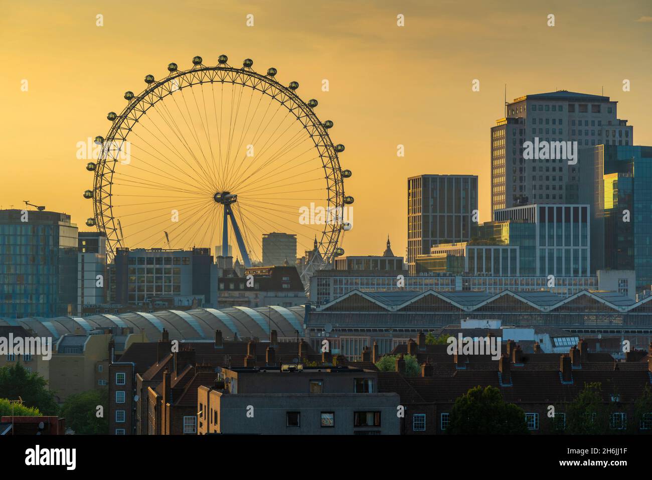 Vista del London Eye e tetto della stazione di Waterloo, Waterloo, Londra, Inghilterra, Regno Unito, Europa Foto Stock