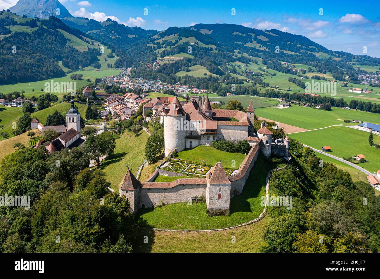 Antenna del Castello di Gruyere, Friburgo, Svizzera, Europa Foto Stock