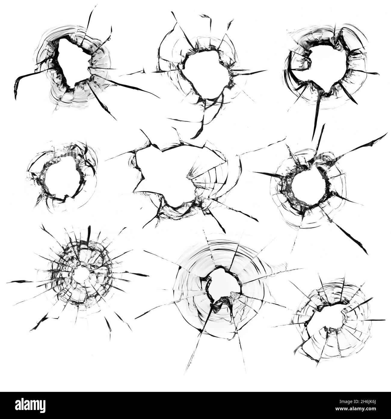 Crepe nel vetro su sfondo bianco. Sfondo astratto. Raccolta di crepe. Foto Stock