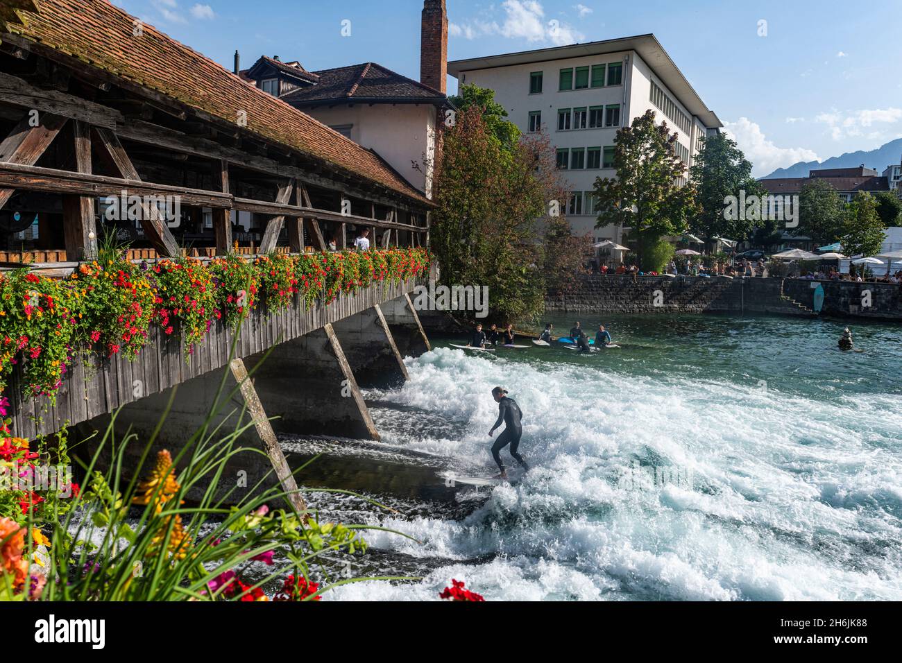 Surfista sotto il ponte Untere Schleuse surf su Aare, Thun, Canton Berna, Svizzera, Europa Foto Stock