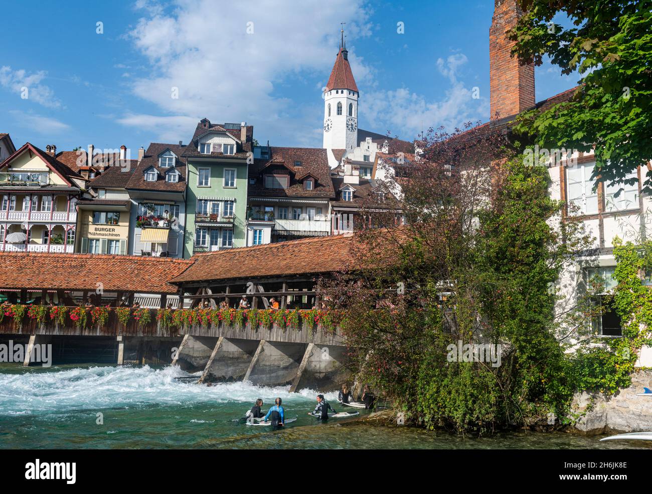 Ponte Untere Schleuse sull'Aare, Thun, Canton Berna, Svizzera, Europa Foto Stock