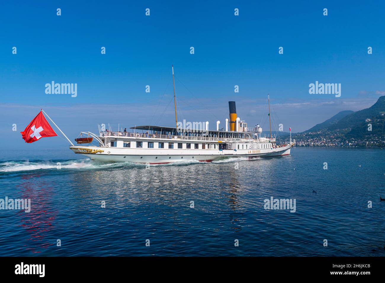 Traghetto a Villeneuve sul lago di Ginevra, Vaud, Svizzera, Europa Foto Stock