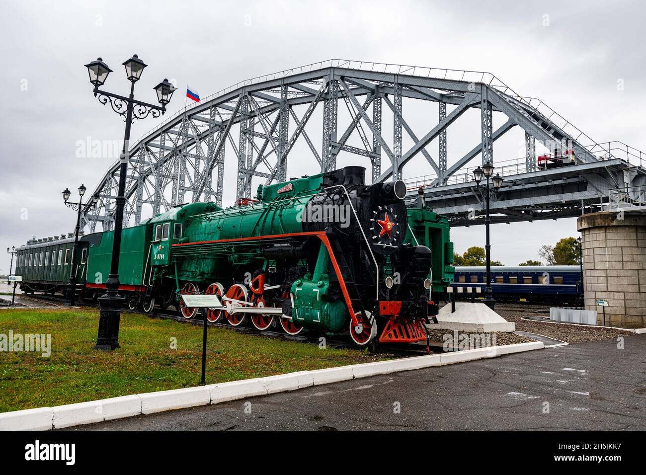 Vecchio treno a vapore, Museo ferroviario Transsiberiano, Khabarovsk, Khabarovsk Krai, Russia, Eurasia Foto Stock