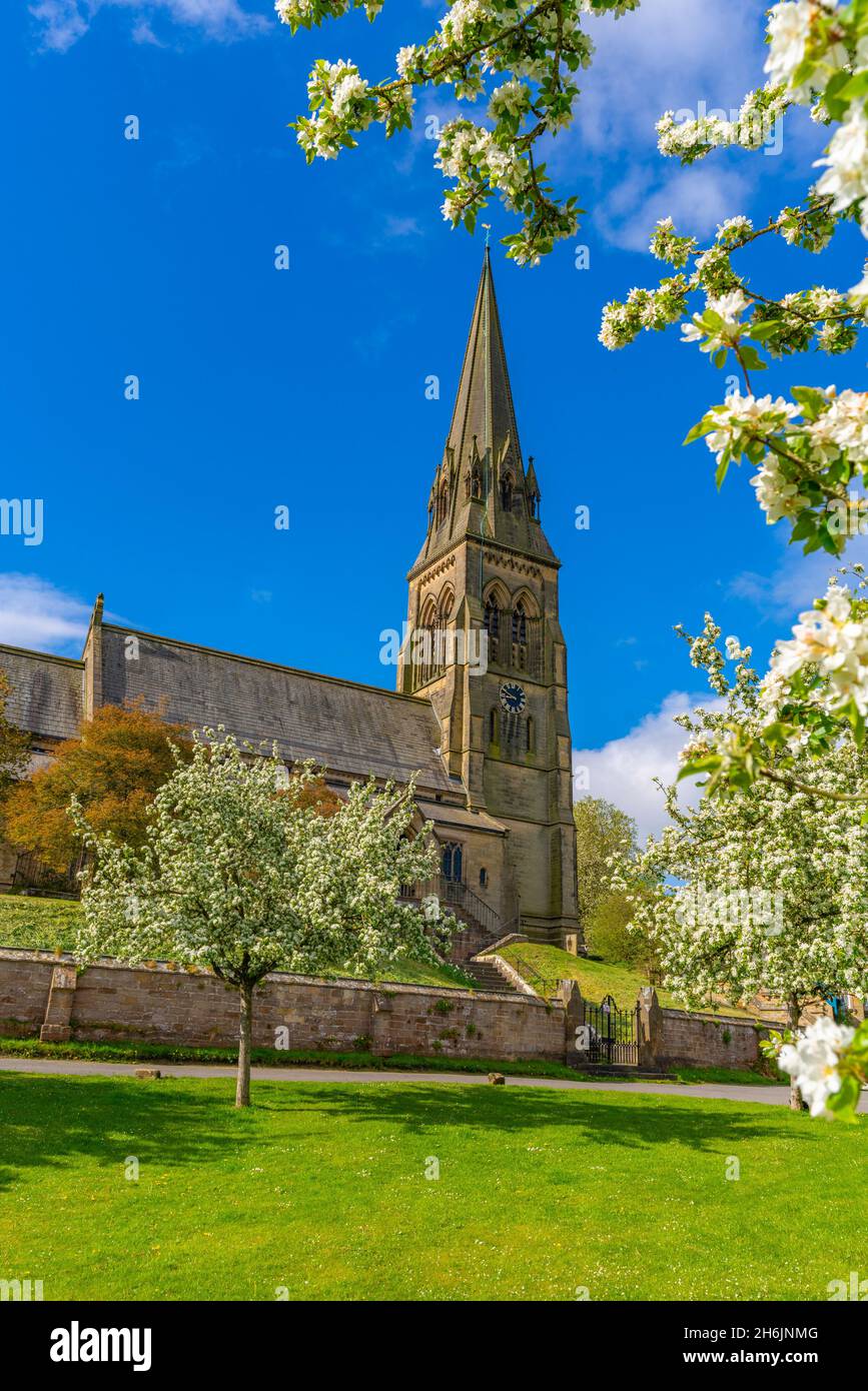 Vista della chiesa di San Pietro e della fioritura primaverile, Edensor Village, Chatsworth Park, Bakewell, Derbyshire, Inghilterra, Regno Unito, Europa Foto Stock