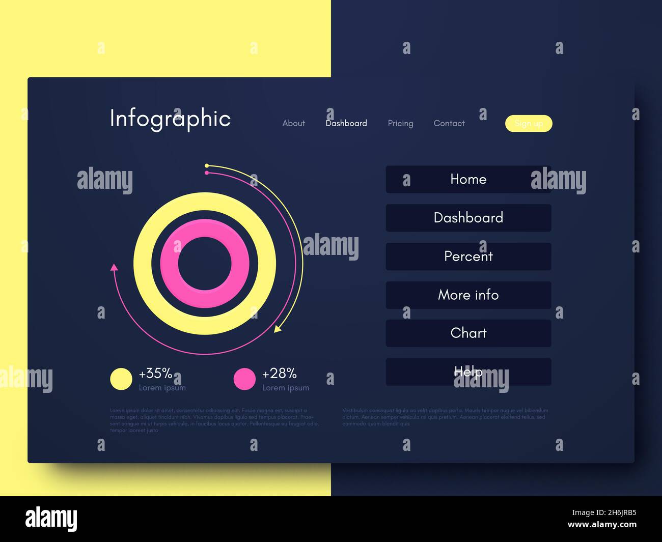 Elementi vettoriali infografici moderni per brochure aziendali. Utilizzo in siti web, brochure aziendali, pubblicità e marketing. Grafici a torta, grafici a linee Illustrazione Vettoriale