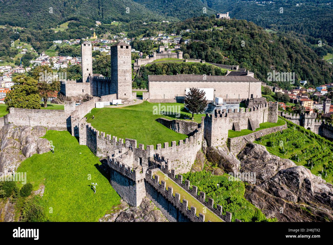 Antenna del Castlegrande, tre Castelli di Bellinzona Patrimonio dell'Umanità dell'UNESCO, Ticino, Svizzera, Europa Foto Stock